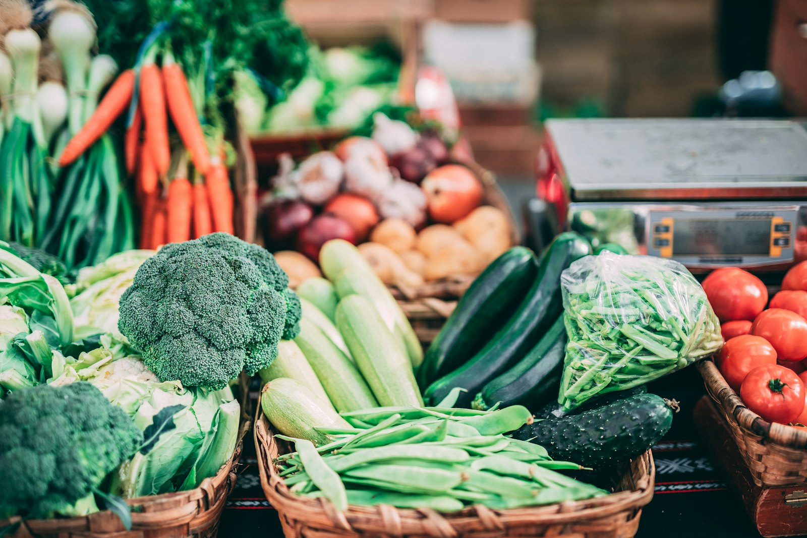 Colorful fresh vegetables arranged on a market table