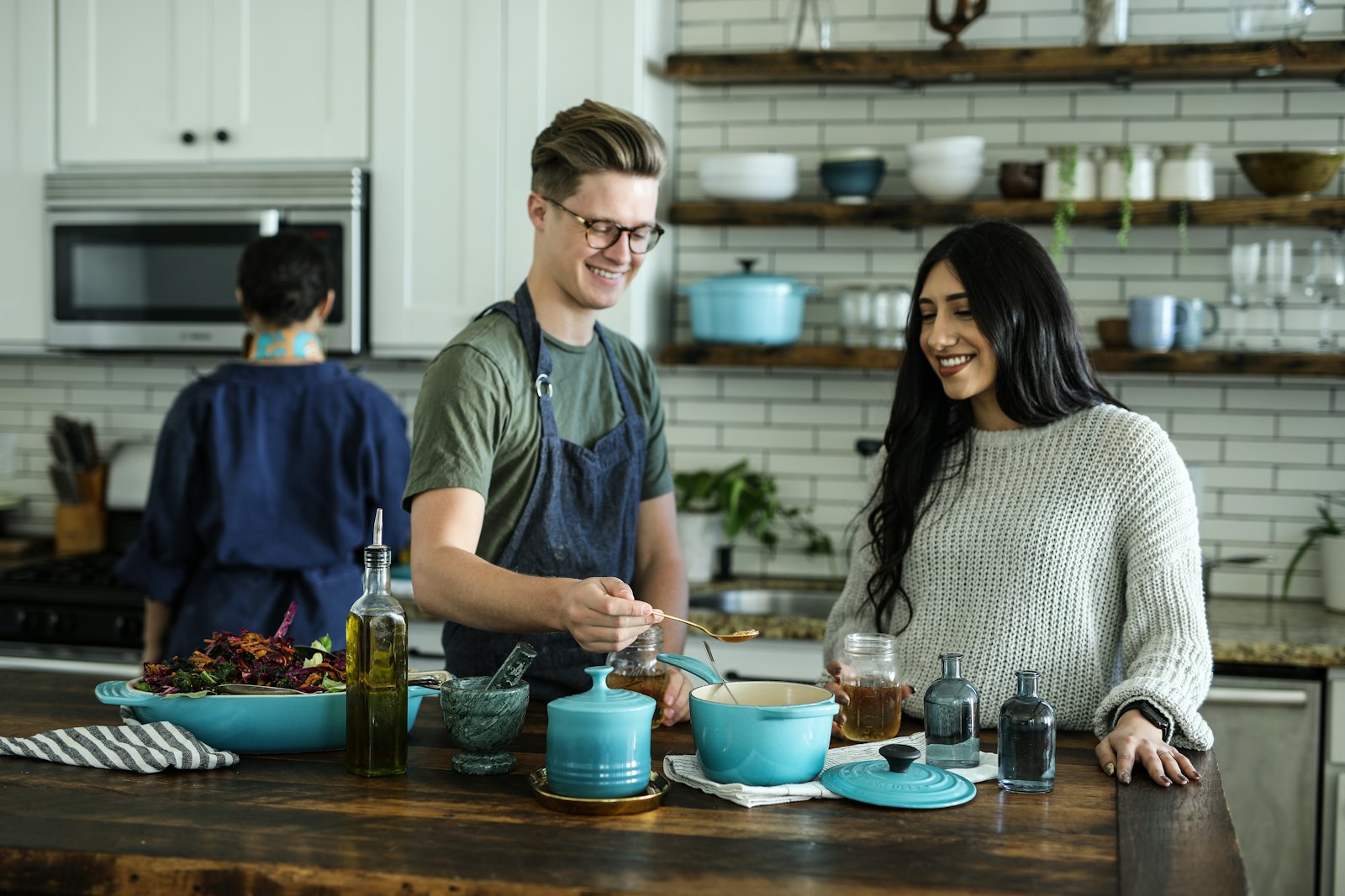 Chefs at the pass in the open kitchen during service