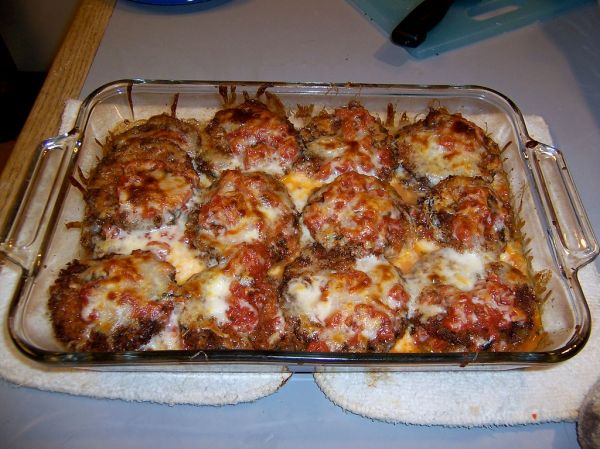 Baked eggplant parmesan with tomato and cheese