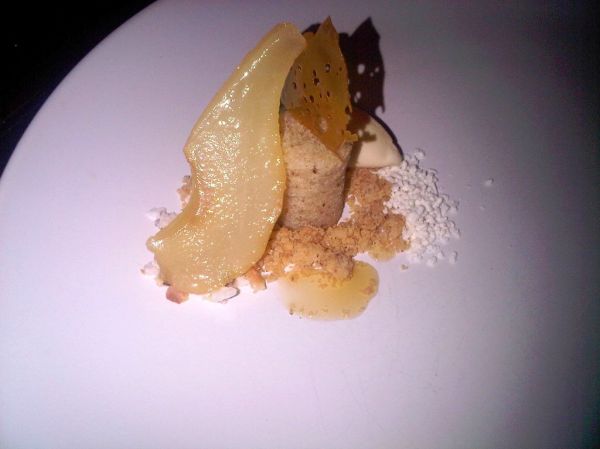 Poached pear with gelato and spiced honey
