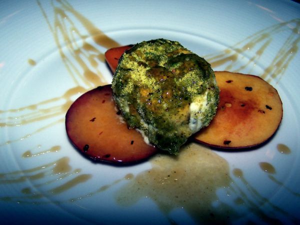 Pistachio dessert with cherry mostarda